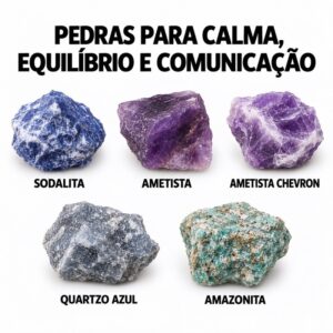Kit Calma Equilíbrio Emocional e Comunicação 5 Pedras Naturais Sodalita Ametista Amazonita Quartzo Azul Cristais Brutos