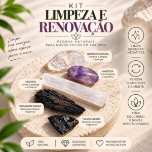 Kit Pedras Naturais Limpeza e Renovação Quartzo Cristal Ametista Selenita Turmalina Negra