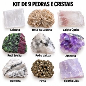kit 9 pedras premium rosa do deserto selenita calcita óptica pedra da lua howlita drusa de ametista rubi zoisita pirita