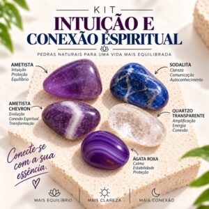 Kit 5 Pedras Naturais Intuição e Conexão Espiritual Ametista Chevron Sodalita Ágata Roxa Quartzo