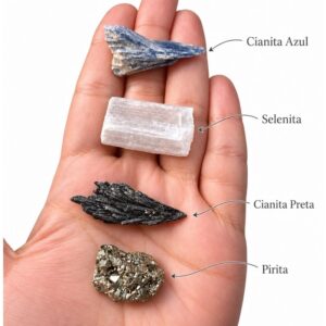 Kit 23 Pedras e Cristais Rolados pirita lápis lazuli cianita azul e preta olho de falcão espada de São Miguel