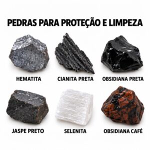 Kit Proteção e Limpeza Energética 6 Pedras Naturais Obsidiana Selenita Hematita Cianita Negra Jaspe Preto