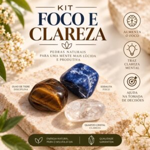 Kit 3 Pedras Naturais Foco e Clareza Sodalita Olho de Tigre e Quartzo Cristal