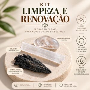 Kit 3 Pedras Naturais Limpeza e Renovação Selenita Cianita Negra e Quartzo Cristal
