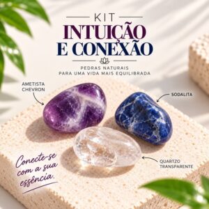 Kit 3 Pedras Naturais Intuição e Conexão Espiritual Ametista Chevron Sodalita Quartzo Transparente