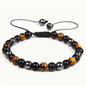 PULSEIRA HEMATITA OLHO DE TIGRE OBSIDIANA UNISSEX PEDRAS 6MM AJUSTÁVEL AÇO INOX PROTEÇÃO E ESTILO