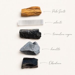 Kit Limpeza e Proteção Energética com Turmalina Negra, Obsidiana, Hematita, Selenita e Palo Santo