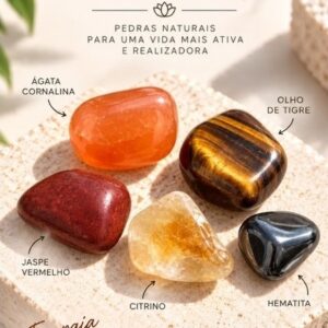 Kit 5 Pedras Naturais Coragem e Vitalidade Cornalina Olho de Tigre Jaspe Vermelho Citrino Hematita