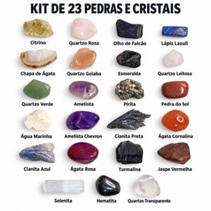 Kit 23 Pedras e Cristais Rolados pirita lápis lazuli cianita azul e preta olho de falcão espada de São Miguel