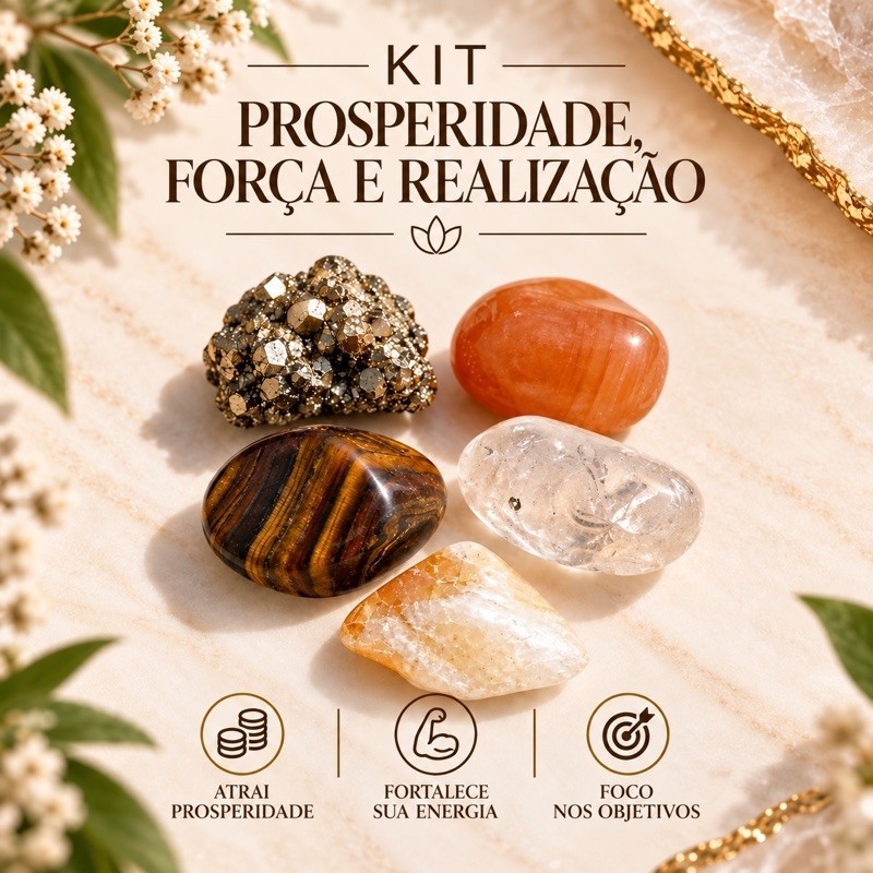 Kit 5 Pedras Naturais Prosperidade Força e Realização Pirita Citrino e Olho de Tigre
