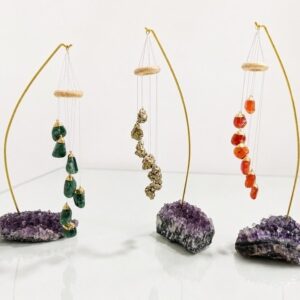 Sino de Mesa com Pedras Naturais Qualidade A | Pirita, Ágata Cornalina ou Quartzo Verde | Detalhes Folhados a Ouro