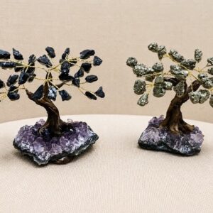 Árvore de Pedras Naturais 10cm 35 Pedras 7 Galhos Pirita ou Turmalina Negra Árvore da Prosperidade e Proteção