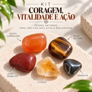 Kit 5 Pedras Naturais Coragem e Vitalidade Cornalina Olho de Tigre Jaspe Vermelho Citrino Hematita