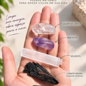 Kit Pedras Naturais Limpeza e Renovação Quartzo Cristal Ametista Selenita Turmalina Negra