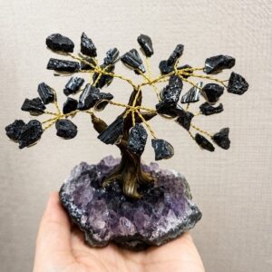 Árvore de Pedras Naturais 10cm 35 Pedras 7 Galhos Pirita ou Turmalina Negra Árvore da Prosperidade e Proteção