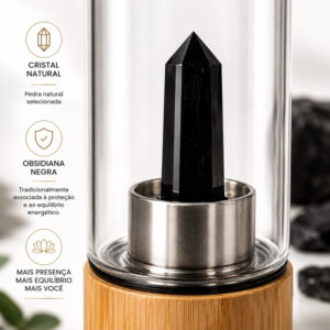 Garrafa de agua com pedra natural Obsidiana Negra 500ml Cristal Natural Vidro resistente Bambu Premium