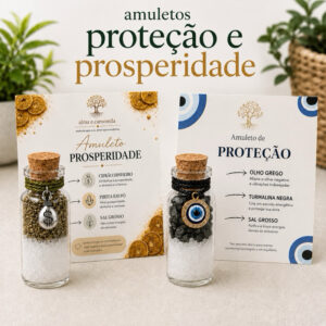 Amuletos Proteção e Prosperidade com Olho Grego, Turmalina Negra, Pirita, Sal Grosso e Cifrão – 2 Un – 1 de cada
