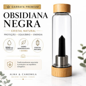Garrafa de agua com pedra natural Obsidiana Negra 500ml Cristal Natural Vidro resistente Bambu Premium