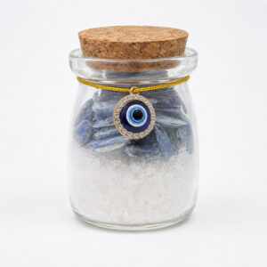 Pote de Proteção com Cianita Azul e Olho Grego | Cristal Natural | Presente Proteção