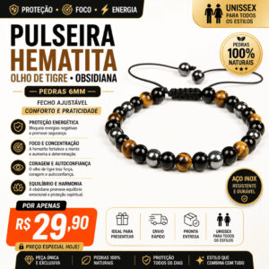 PULSEIRA HEMATITA OLHO DE TIGRE OBSIDIANA UNISSEX PEDRAS 6MM AJUSTÁVEL AÇO INOX PROTEÇÃO E ESTILO