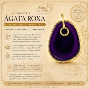 Semijoia  – Pingente GRANDE (+ DE 7CM) Ágata Roxa Natural Folheado a Ouro Amuleto Proteção Equilíbrio Pedra Natural