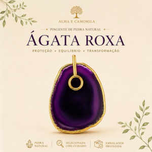 Semijoia  – Pingente GRANDE (+ DE 7CM) Ágata Roxa Natural Folheado a Ouro Amuleto Proteção Equilíbrio Pedra Natural