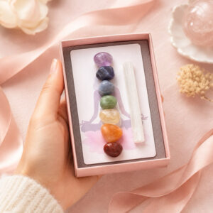 PRESENTE 7 CHAKRAS COM SELENITA PEDRAS NATURAIS CRISTAIS ENERGIA PROTEÇÃO EQUILÍBRIO ESPIRITUAL CAIXA ROSA