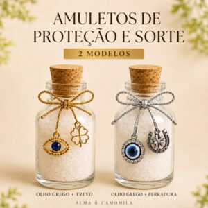 Amuleto de Proteção e Sorte Olho Grego com Trevo ou Ferradura Sal Grosso Artesanal