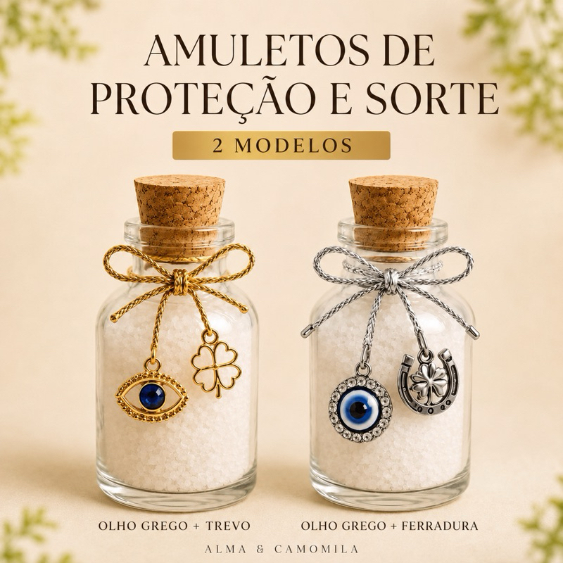Amuleto de Proteção e Sorte Olho Grego com Trevo ou Ferradura Sal Grosso Artesanal