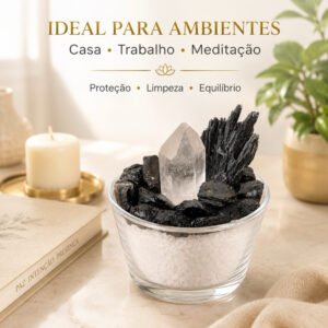Taça Proteção Energética Turmalina Negra Cianita Preta Vassoura de Bruxa Quartzo Cristal Sal Grosso Feng Shui