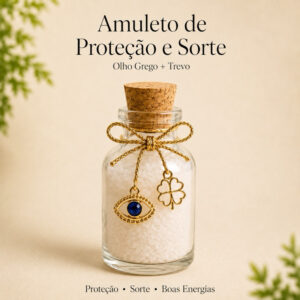 Amuleto de Proteção e Sorte Olho Grego com Trevo ou Ferradura Sal Grosso Artesanal