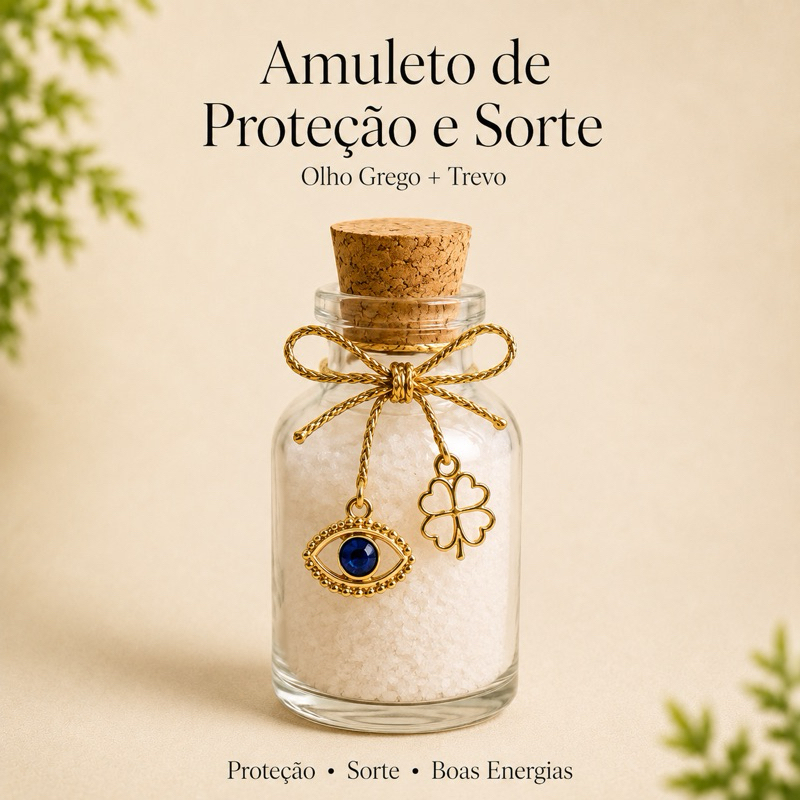 Amuleto de Proteção e Sorte Olho Grego com Trevo ou Ferradura Sal Grosso Artesanal - Imagem 2