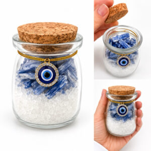 Pote de Proteção com Cianita Azul e Olho Grego | Cristal Natural | Presente Proteção