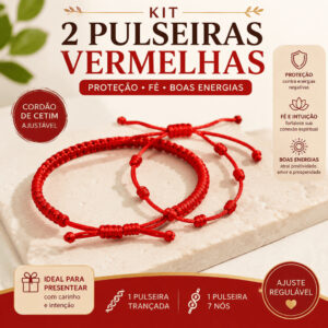 Kit 2 Pulseiras Vermelhas Ajustáveis | 1 Trançada + 1 Pulseira 7 Nós | Proteção, Fé e Boas Energias