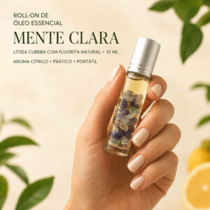 Roll-on Aromaterapia Foco Mente Clara com Cristal de Fluorita e Óleo Essencial Litsea Cubeba 10ml Para Estudos -Rollon