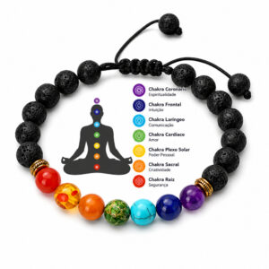 PULSEIRA 7 CHAKRAS PEDRAS NATURAIS VULCÂNICAS AJUSTÁVEL UNISSEX EQUILÍBRIO E PROTEÇÃO