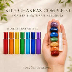 Kit 7 Chakras Completo | 1 Roll-on 10ml + 7 Cristais Naturais + Bastão de Selenita | Reiki, Meditação e Presente