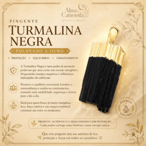 Semijoia – Pingente Turmalina Negra Proteção Amuleto Pedra Natural Folheado Ouro Energia Espiritual