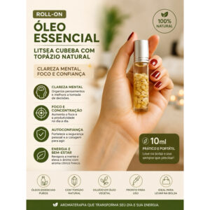 Óleo Essencial Roll-on 10ml Litsea Cubeba com Topázio Natural | para Clareza Mental, Foco e Confiança- Rollon