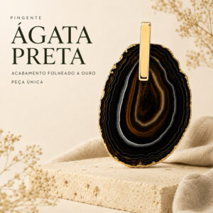 Semijoia – Pingente Ágata Preta Natural Folheado a Ouro Amuleto Proteção Equilíbrio Pedra Natural Semijoia