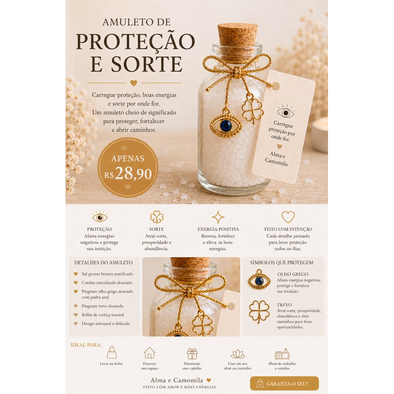 Amuleto de Proteção e Sorte Olho Grego com Trevo ou Ferradura Sal Grosso Artesanal - Imagem 3
