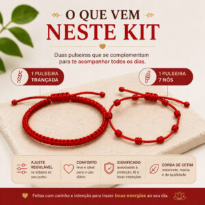 Kit 2 Pulseiras Vermelhas Ajustáveis | 1 Trançada + 1 Pulseira 7 Nós | Proteção, Fé e Boas Energias