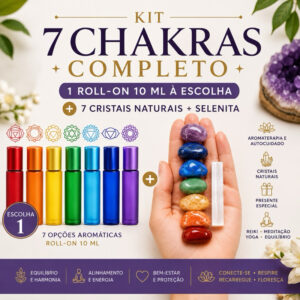 Kit 7 Chakras Completo | 1 Roll-on 10ml + 7 Cristais Naturais + Bastão de Selenita | Reiki, Meditação e Presente